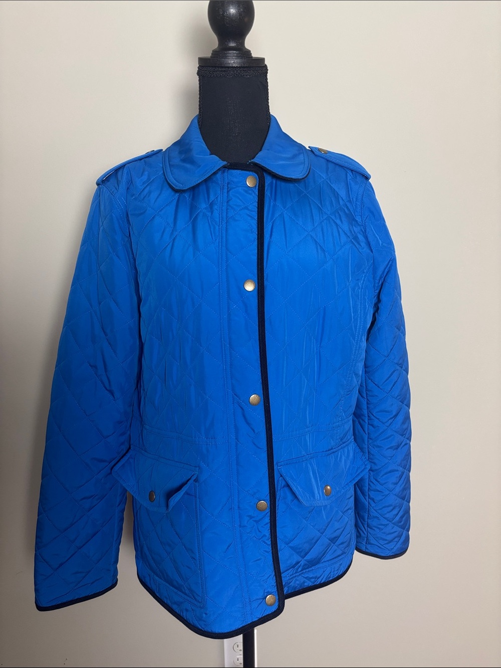 Talbots Quilted Bright Blue Puffer Jacket with Black Trim